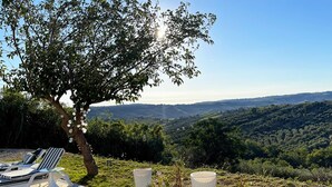 A patio with a view of a valley, a tree, and a lounge chair. - 2-bed Apartment in Abruzzo, Italy 15 Minute to sea (Paglieta)