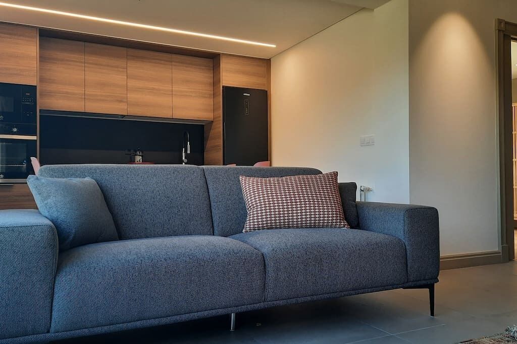 Uma sala moderna com um sofá cinza, uma almofada estampada e armários embutidos de madeira.