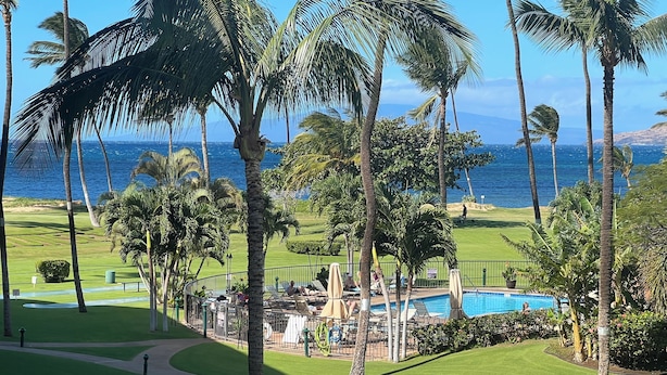 A pool area with a view of the ocean, surrounded by palm trees and a well-maintained lawn. - Oceanview suite nicely renovated B310 at Maui Sunset (Kihei)