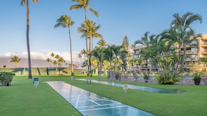A well-maintained courtyard with a shuffleboard court, palm trees, and a building with balconies in the background. - Oceanview suite nicely renovated B310 at Maui Sunset (Kihei)