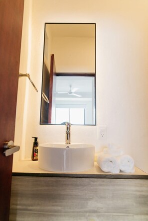 Shower, hair dryer, towels