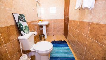 Un baño con inodoro, lavamanos y una alfombra azul a rayas.