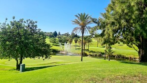 A golf course with a pond, palm trees, and a clear blue sky.
