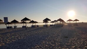 A beach with thatched umbrellas and sun loungers, a clear sky, and a sign indicating no swimming.
