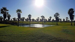 Un campo de golf con un estanque, palmeras y un cielo despejado.