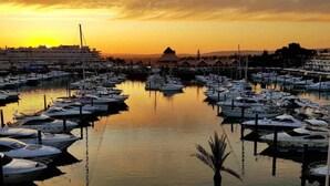 Un port de plaisance avec des bateaux amarrés au quai, entouré de bâtiments et de palmiers.