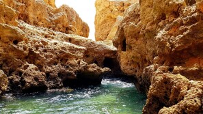 A narrow canyon with rocky walls and a clear water stream.