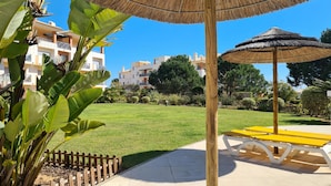 A well-maintained lawn with a wooden fence, a yellow bench, and a thatched umbrella.