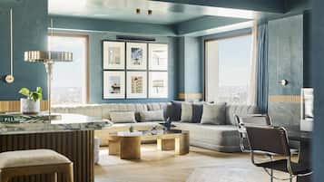 A modern living room with a sofa, coffee table, and a chair. There is a large window with a view of the city.