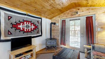 TV, caminetto, lettore DVD, libri