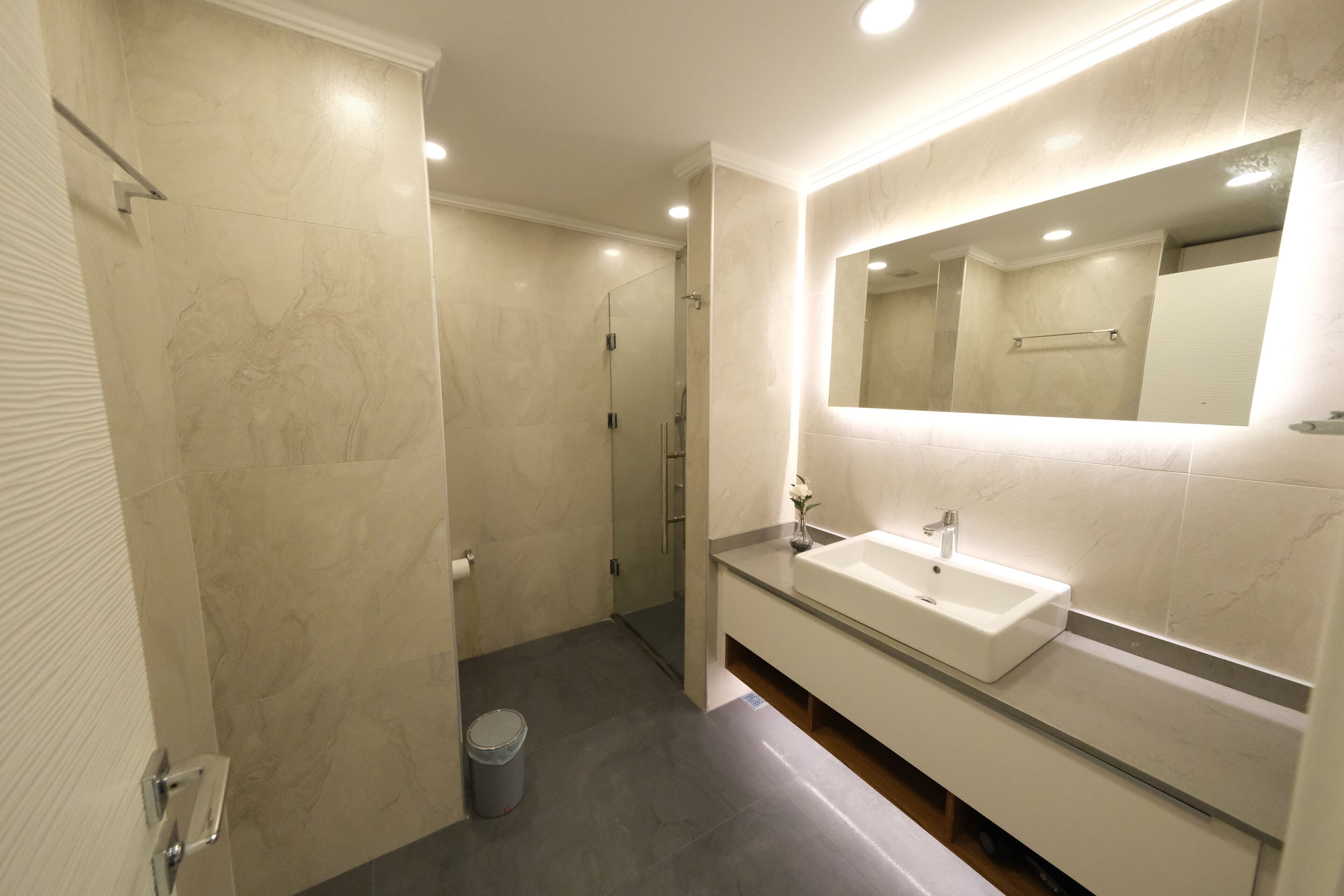 Une salle de bain moderne avec un grand miroir, un lavabo et un espace douche.