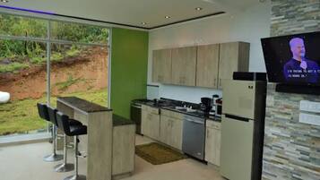 Fridge, microwave, oven, stovetop