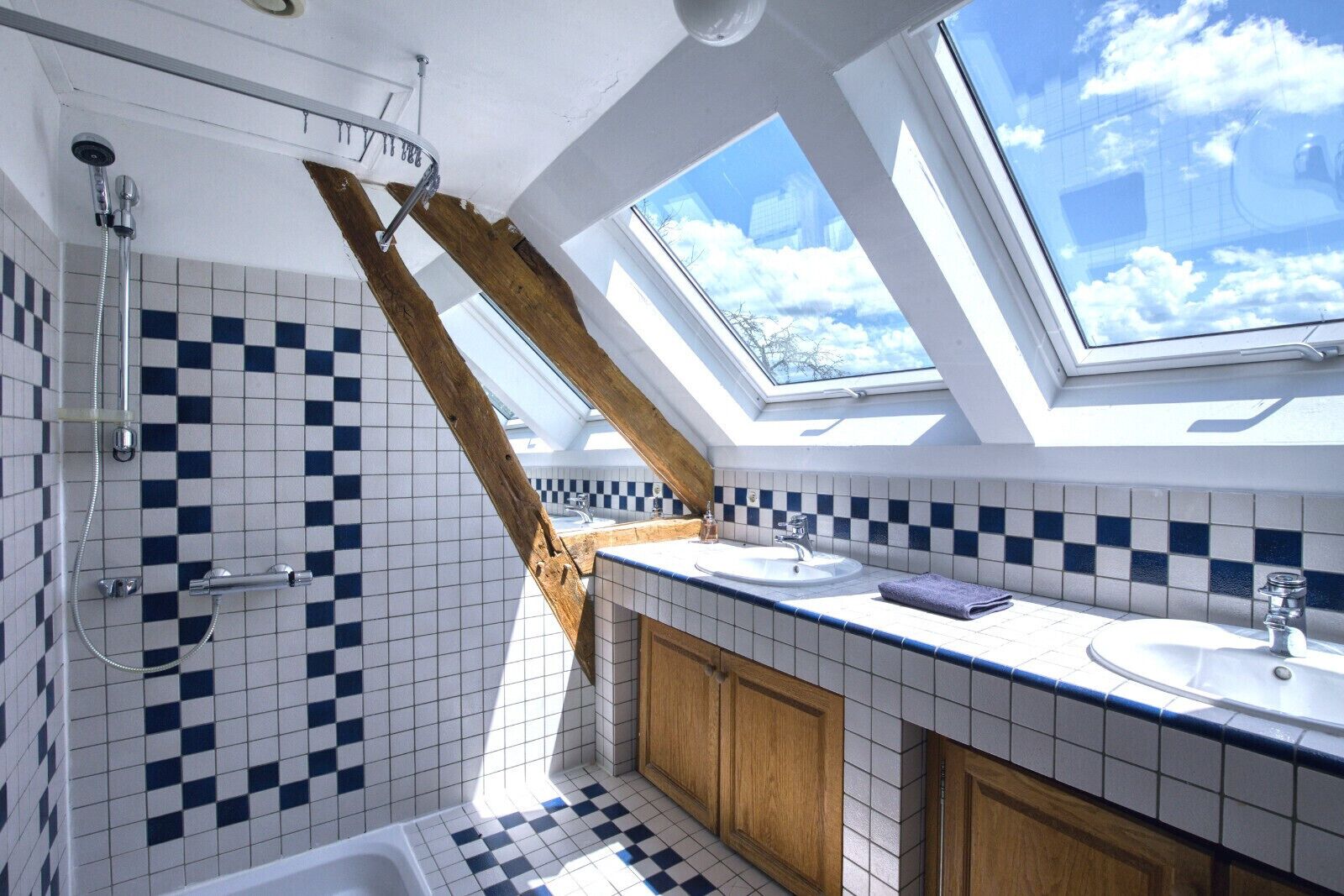 Een douche, een haardroger, shampoo, toiletpapier
