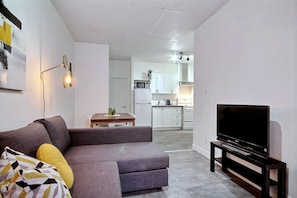 A living room with a gray sofa, a television on a stand, and a kitchen in the background. - A charming little apartment in the lower town (Québec)