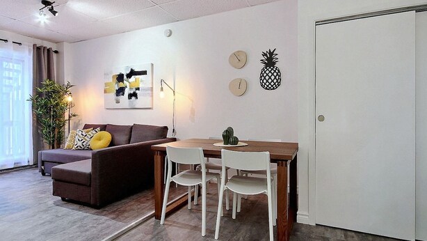 A modern living room with a sofa, dining table, chairs, and a potted plant. - A charming little apartment in the lower town (Québec)