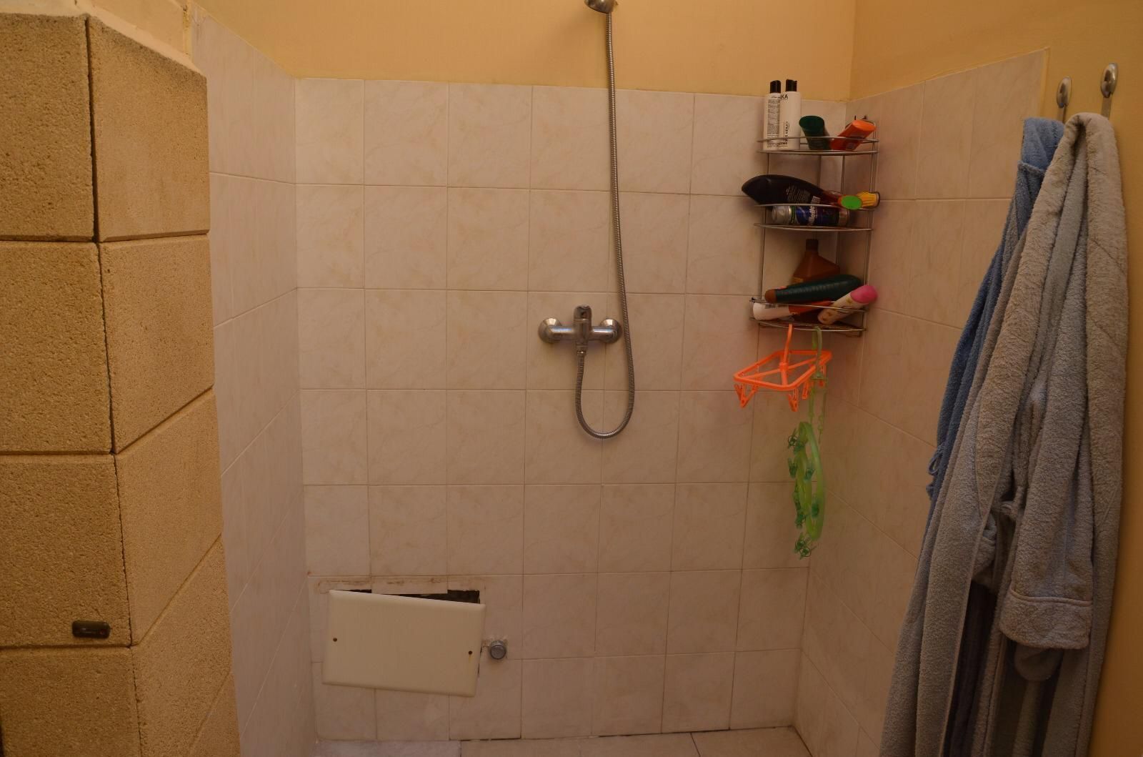 A small, tiled shower area with a handheld showerhead, a towel rack with towels, and a shelf with toiletries.