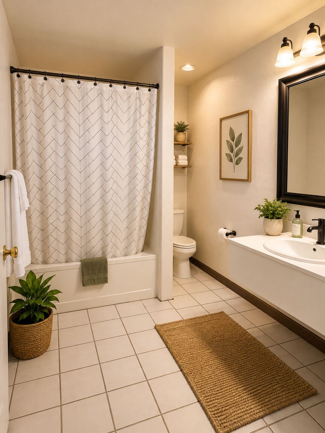 A bathroom with a bathtub, toilet, sink, and shower curtain.