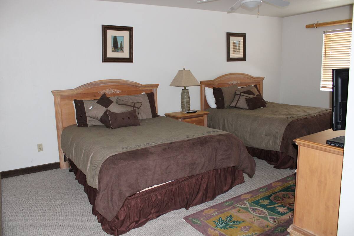 A room with two beds, a ceiling fan, a lamp, a television, and a rug.
