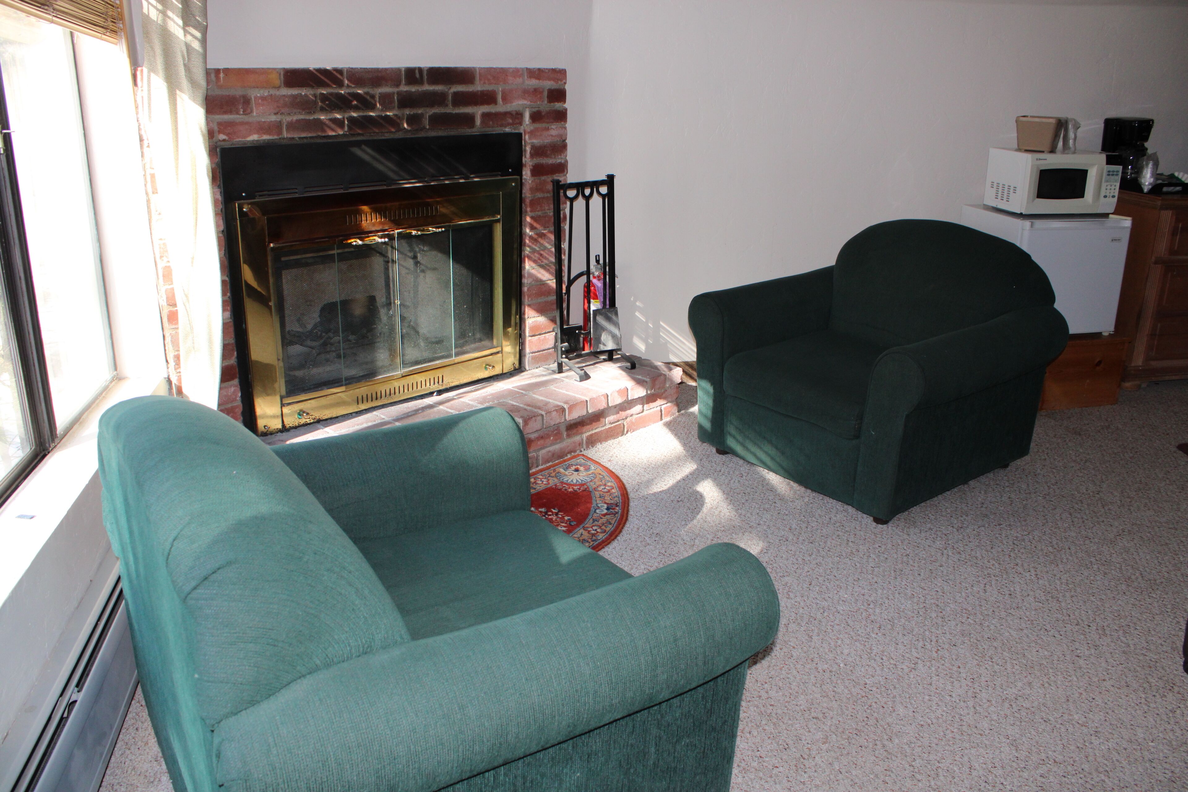 A living room with a fireplace, two green armchairs, a red rug, and a white refrigerator in the background.