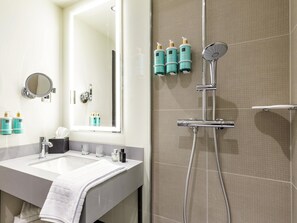 Eco-friendly toiletries, hair dryer, towels, soap
