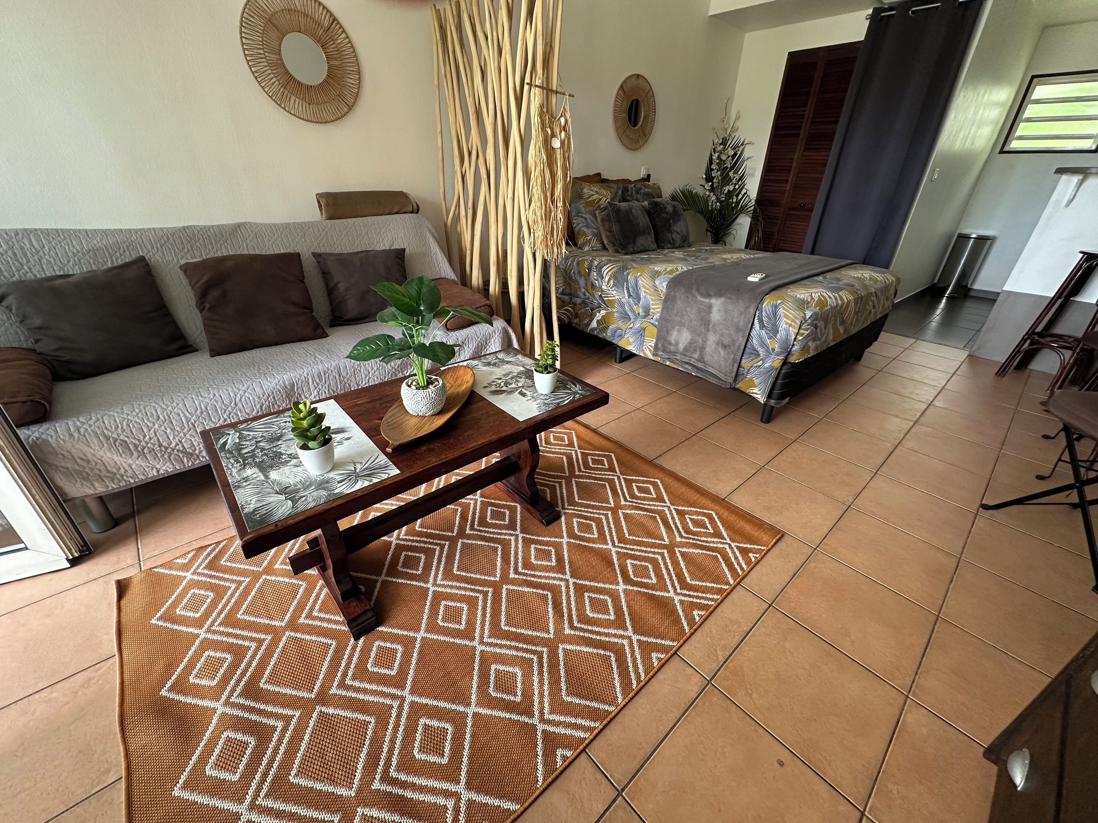 A living room with a sofa, a bed, a coffee table with plants, and a patterned rug.