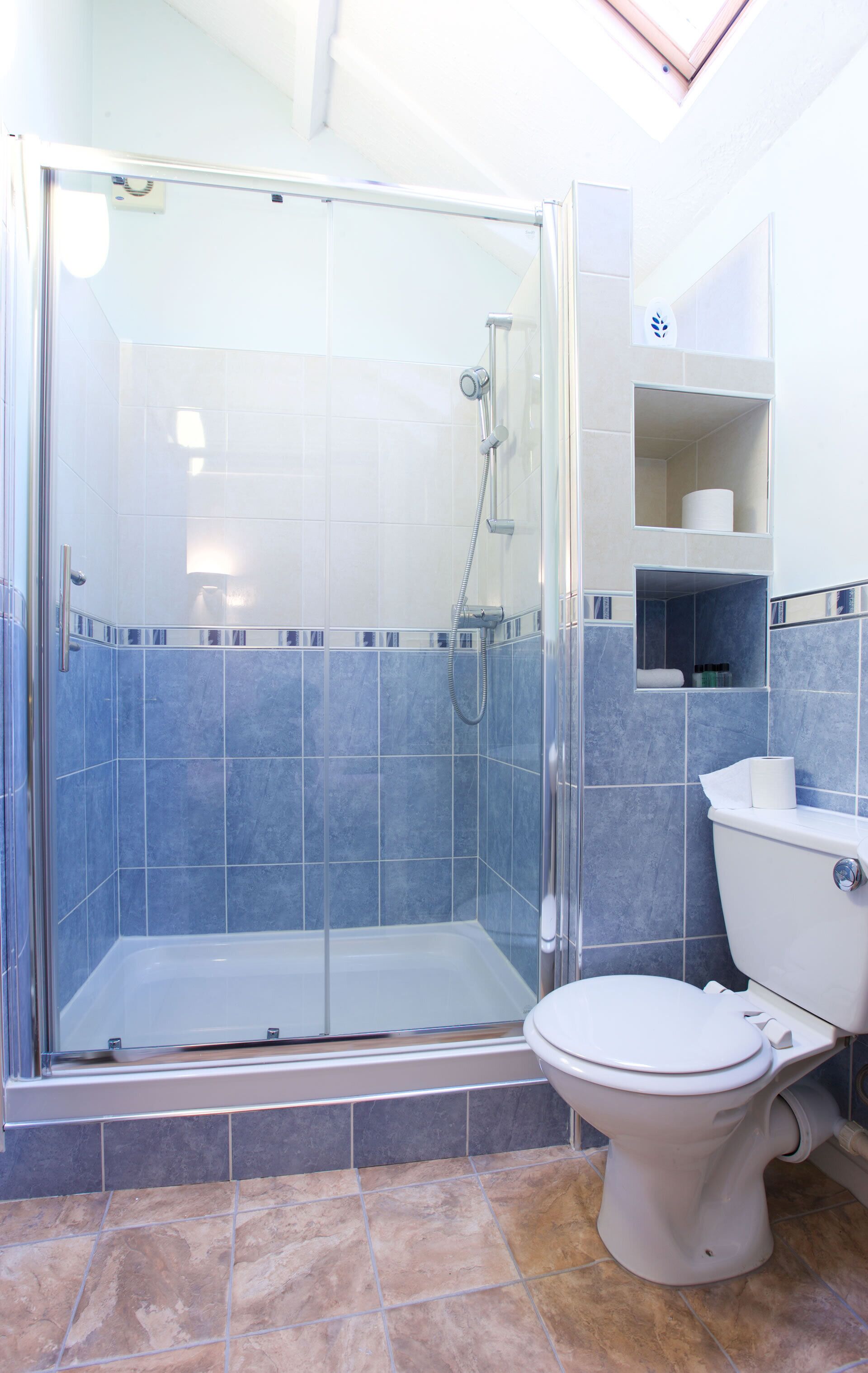 A bathroom with a glass-enclosed shower, a toilet, and a small shelf with toiletries.