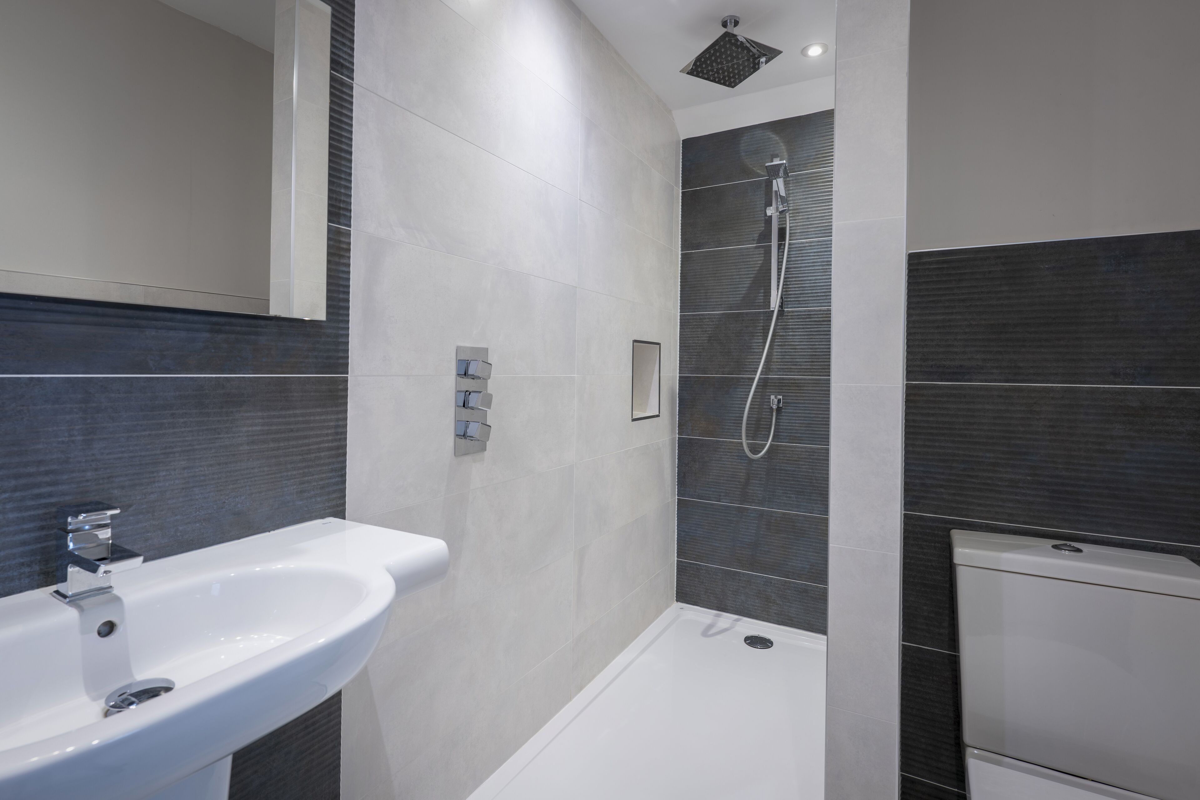 A modern bathroom with a white sink, a shower with a handheld showerhead, and a toilet.