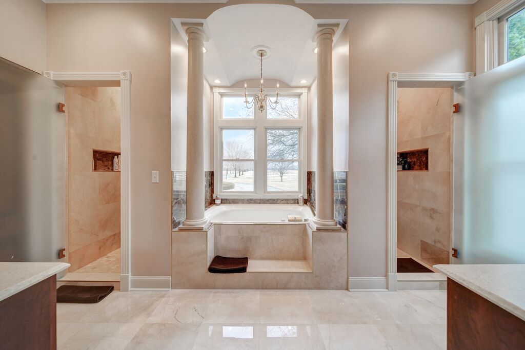 Combined shower/tub, hair dryer, towels, soap