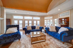 TV, fireplace, books