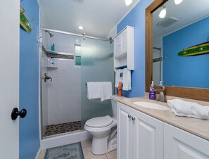 Shower, hair dryer, towels