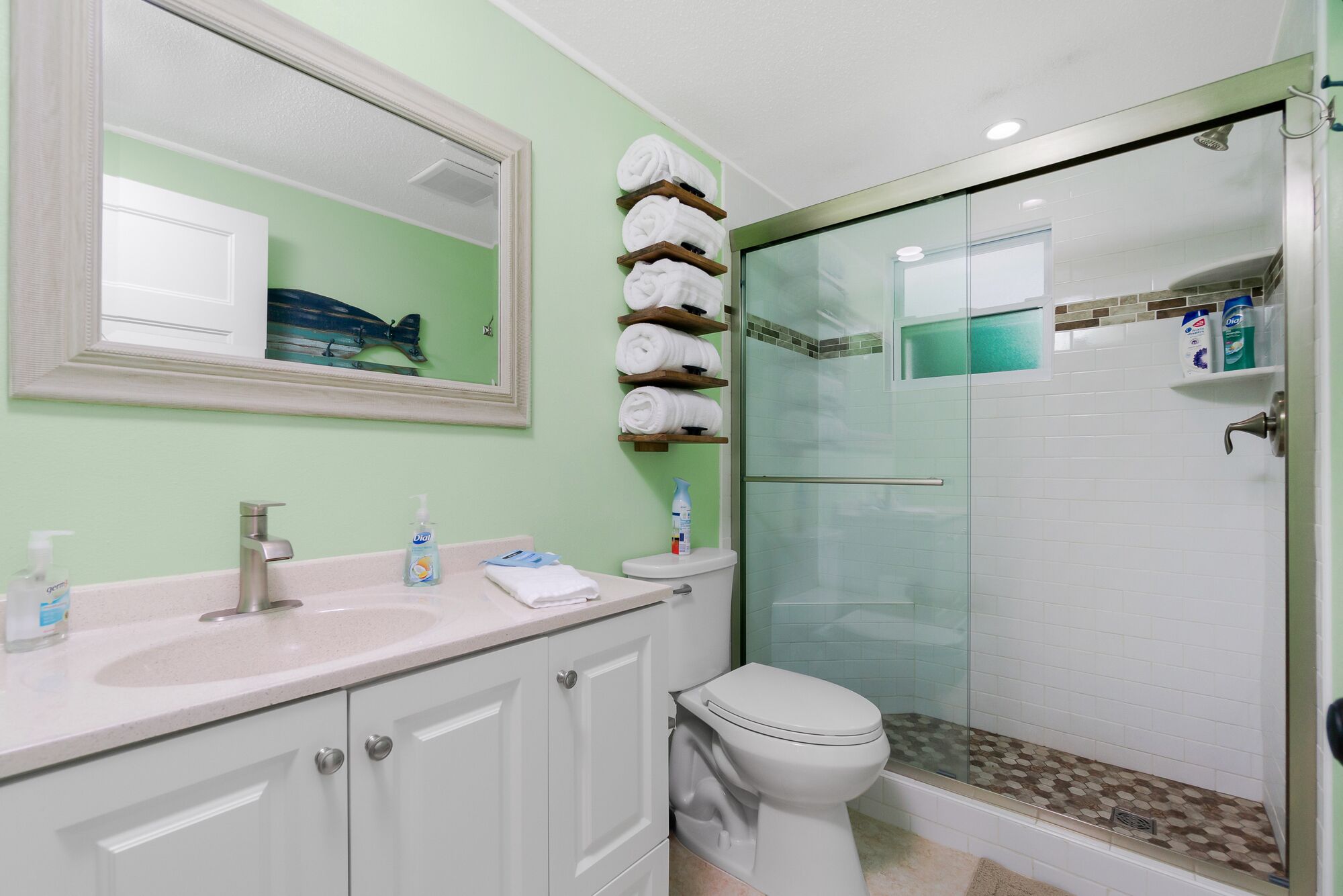 Shower, hair dryer, towels