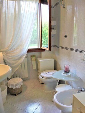 Een douche, een haardroger, een bidet, handdoeken