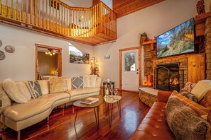 Smart TV, fireplace, books