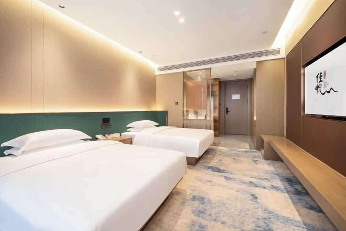 Une chambre d’hôtel avec deux lits, un grand miroir, une télévision et un sol recouvert de moquette.