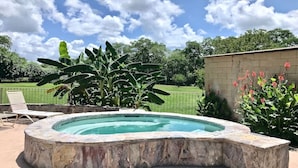 A hot tub in a backyard with a stone border, surrounded by greenery and a clear sky. - Poolside Perch | Sleeps 6 | Pet-Friendly (New Braunfels)
