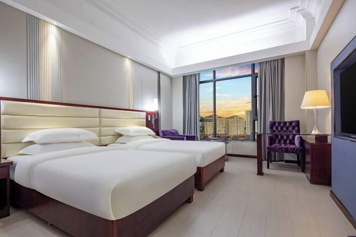 Habitación de hotel con dos camas, televisión, escritorio y vistas a la ciudad.