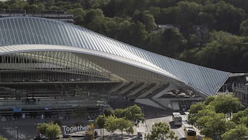 A modern stadium with a curved roof, surrounded by trees and a pedestrian area with benches and fountains.