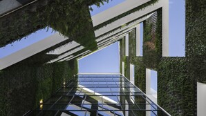 A modern architectural structure with a glass floor and green walls. - YUST Liège (Liege)