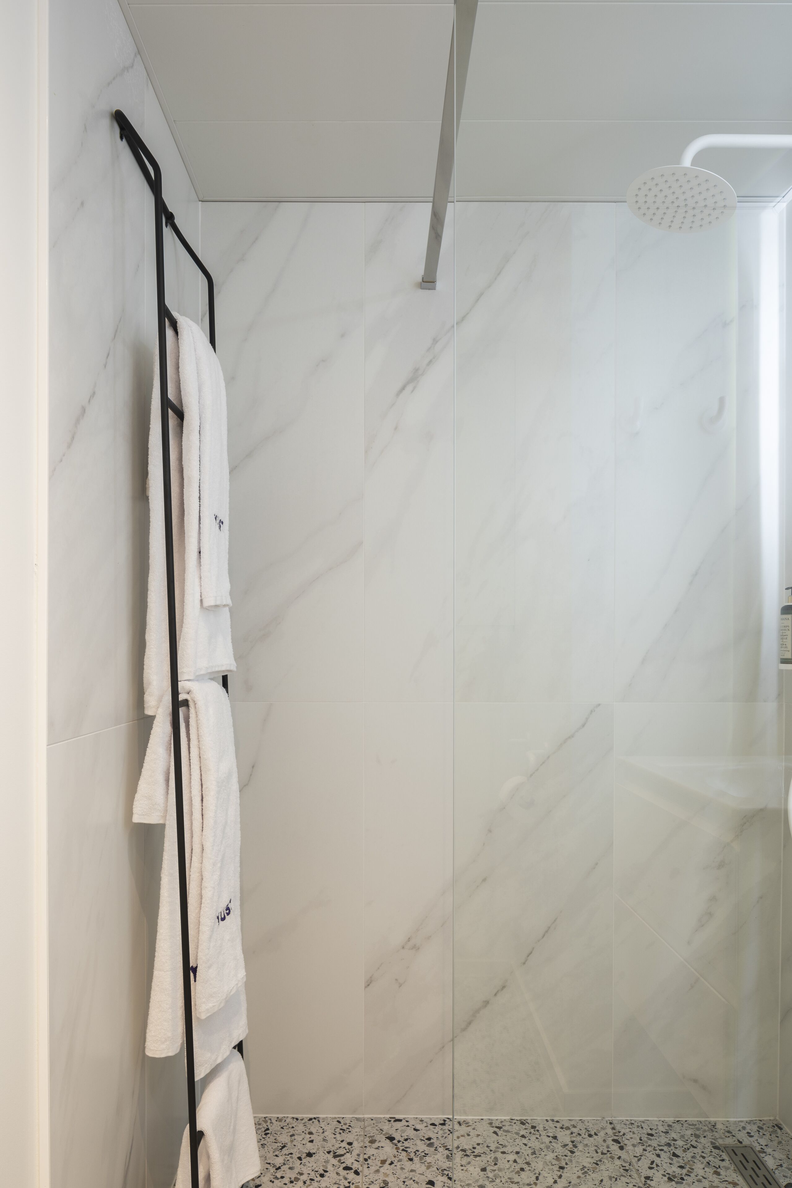 shower, hair dryer, towels, toilet paper