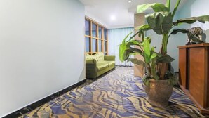 Un pasillo con alfombra estampada, un sofá verde, una planta grande en maceta y un armario de madera.
