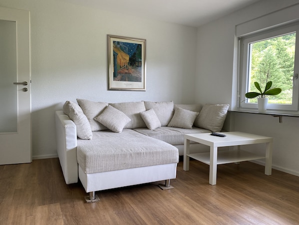 A modern living room with a sofa and a small table, a framed artwork on the wall, and a window with a plant. - Quiet living in an idyllic location on the beautiful High Rhine - in the Black Forest (Waldshut-Tiengen)
