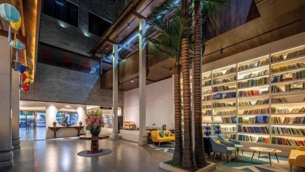 Un vestíbulo amplio con una gran estantería, una palmera y una zona de estar moderna.