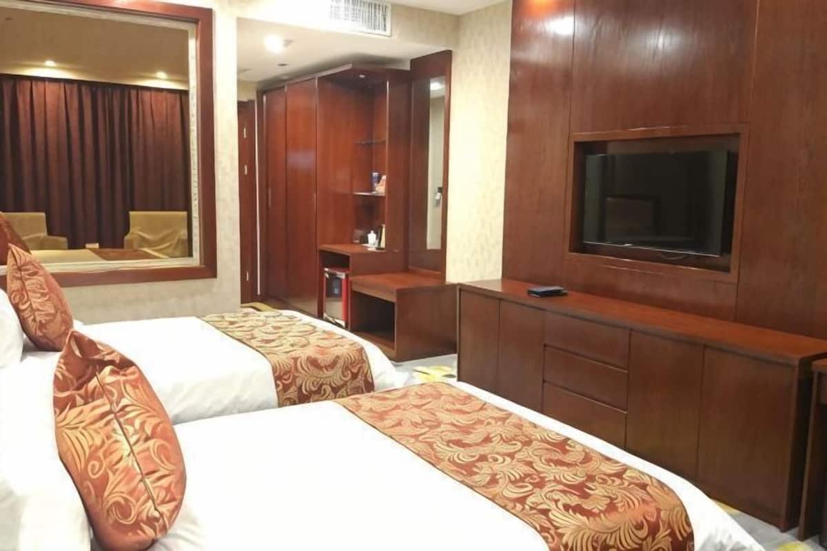 Une chambre d’hôtel avec deux lits, une télévision, une armoire et un miroir.
