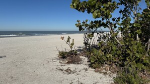 Een strand met heldere luchten en rustige golven.