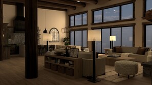 Smart TV, fireplace, DVD player, foosball