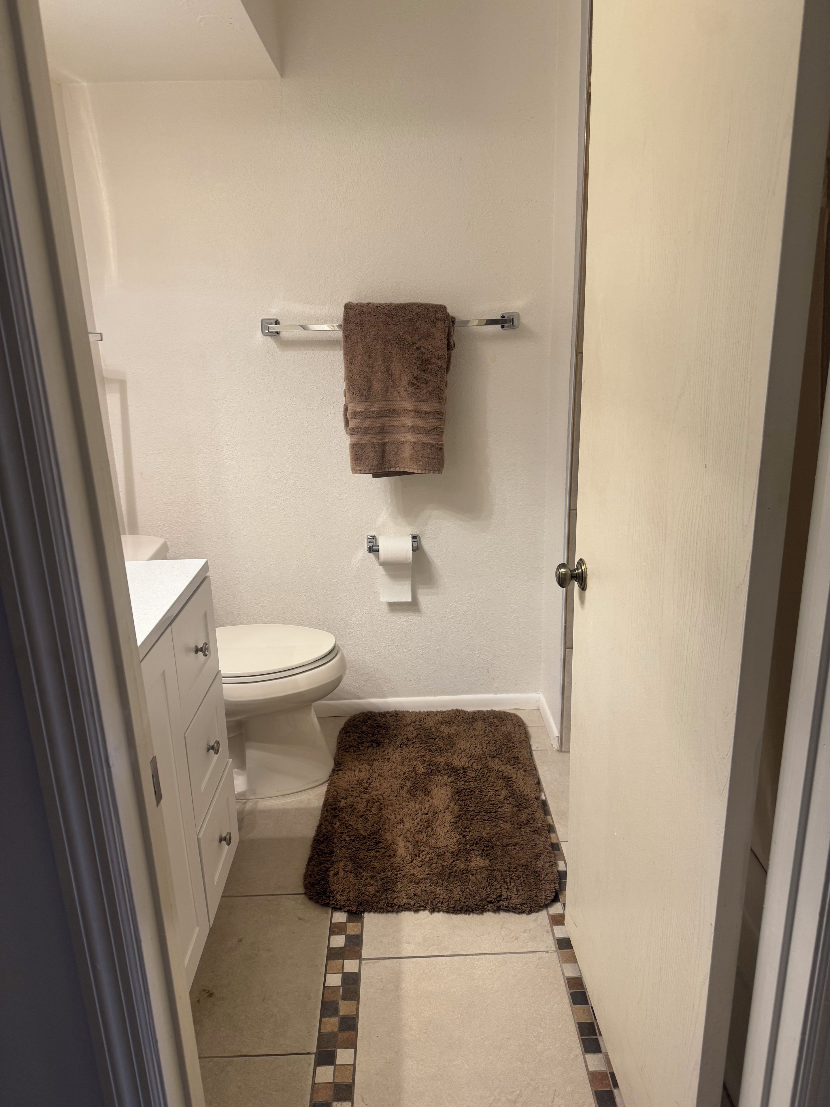 Ein kleines Badezimmer mit Toilette, einem Handtuchhalter mit Handtuch, einem Toilettenpapierhalter und einem braunen Teppich auf dem Boden.