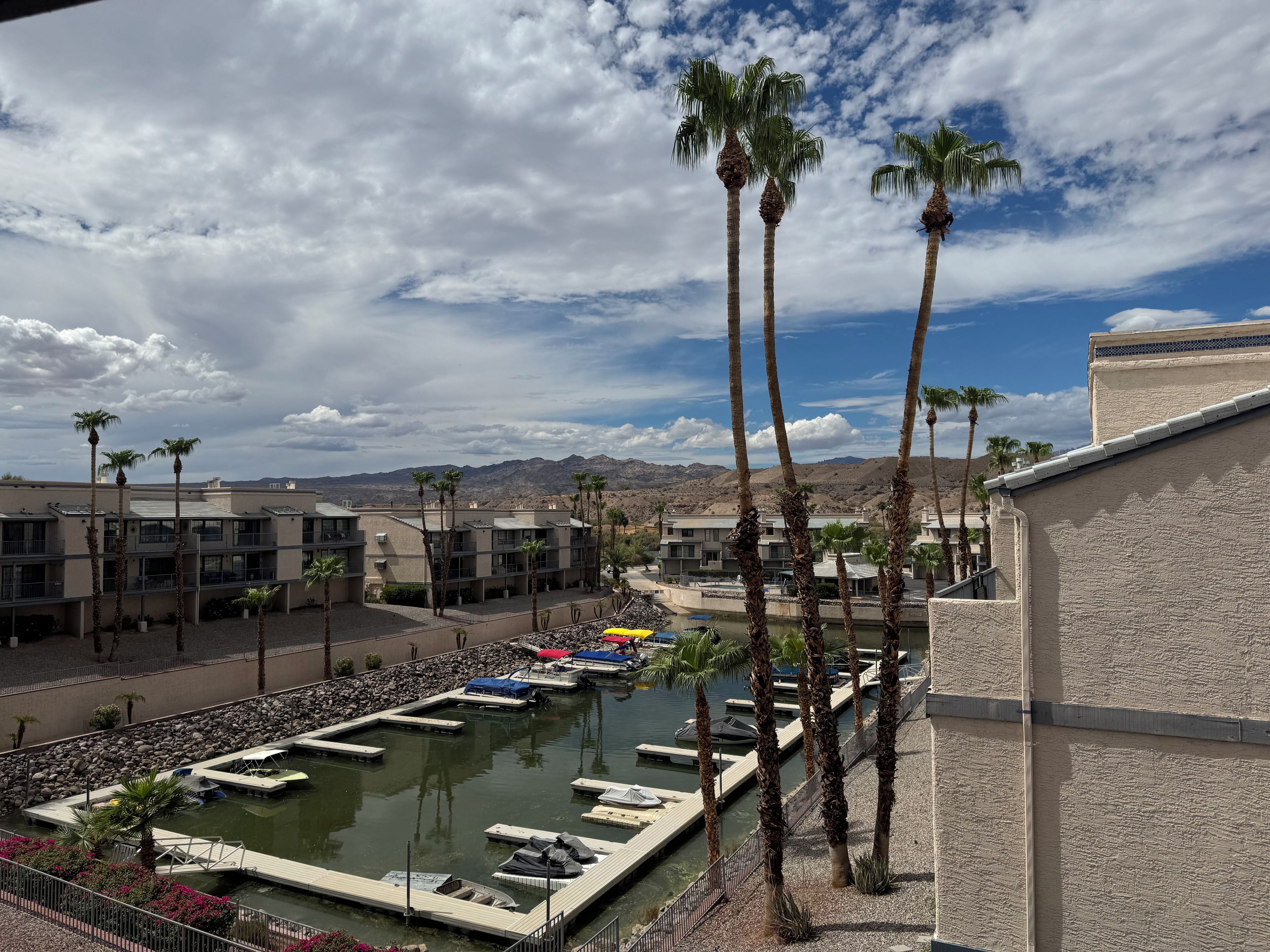 A resort with a marina, palm trees, and a mountainous backdrop.