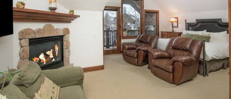 Smart TV, fireplace, books, video library