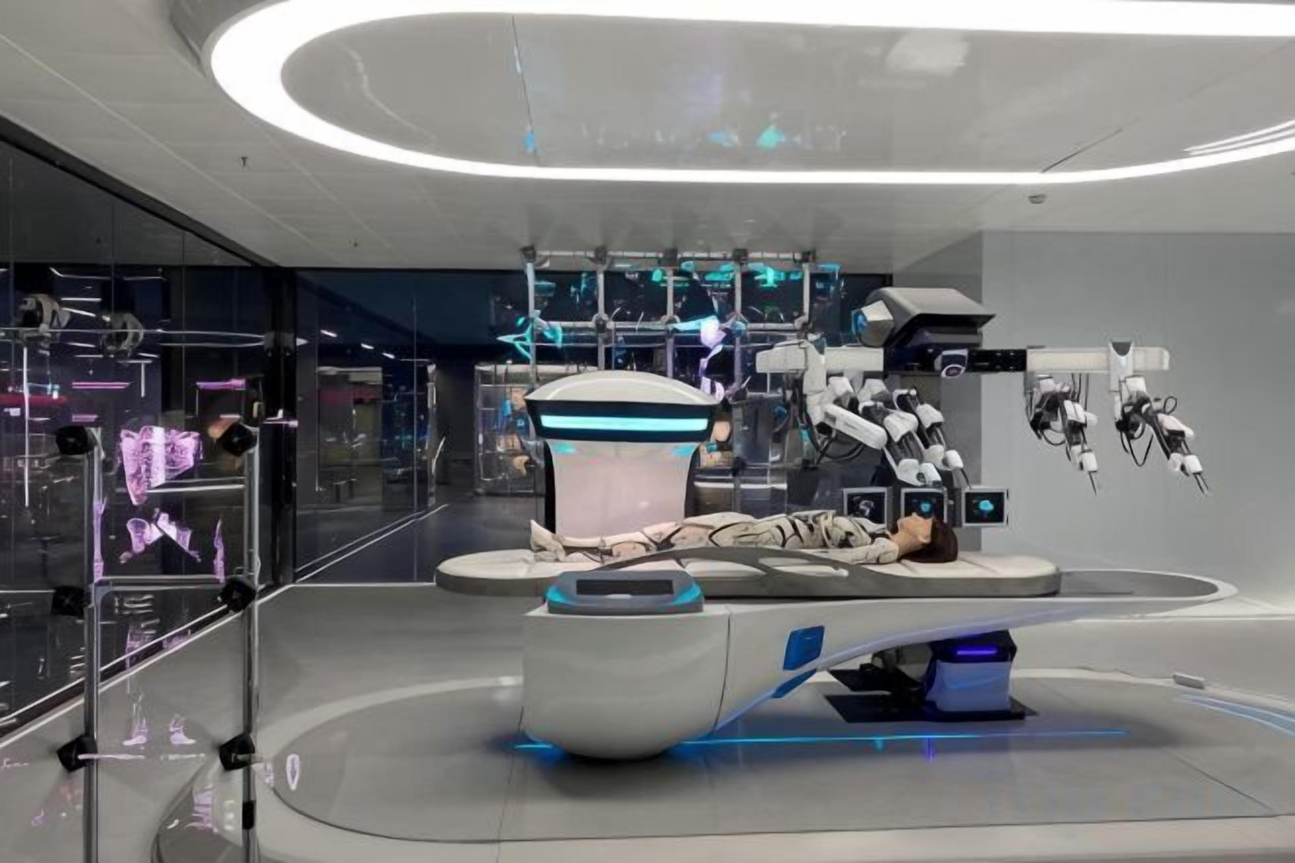 A futuristic interior with robotic elements and a central circular platform.
