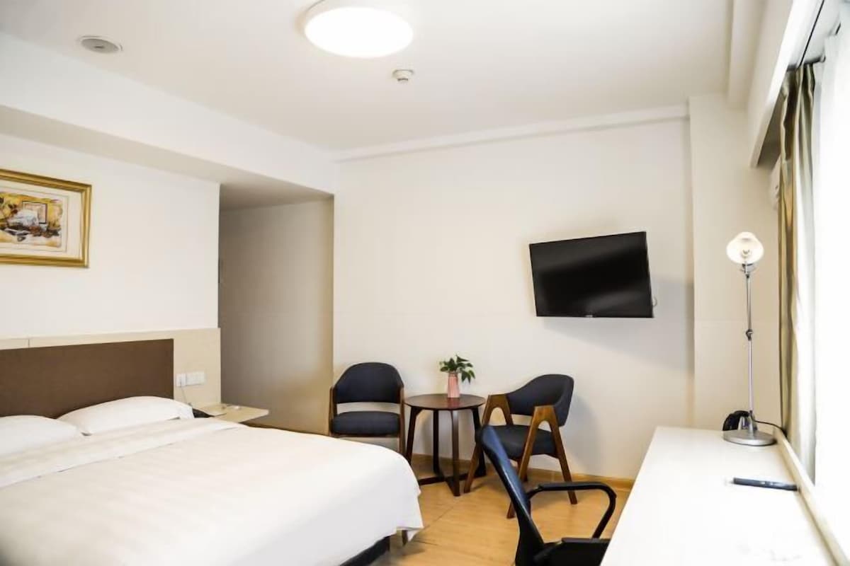 A hotel room with a bed, a desk, two chairs, a small table with a plant, a TV mounted on the wall, and a lamp on the desk.